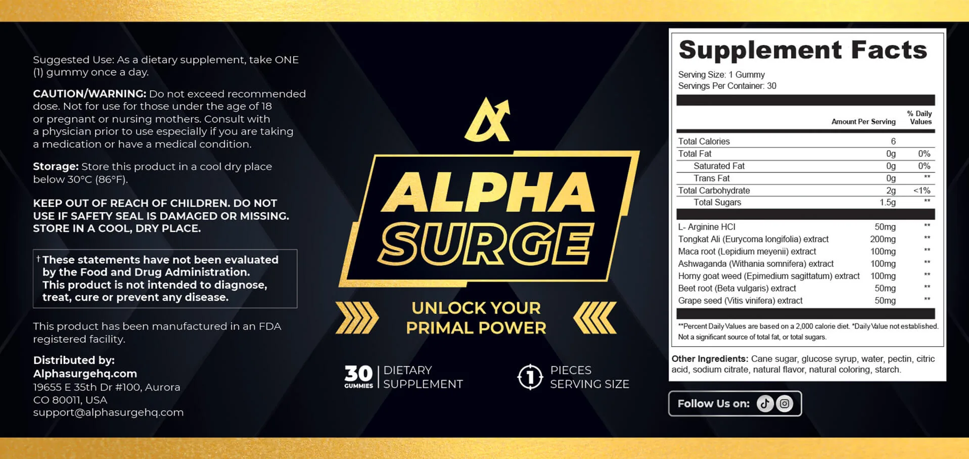 Alpha Surge label with the Supplement Facts panel: doses of the seven ingredients, suggested use and warnings