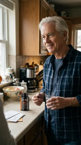 Smiling man in his kitchen holding an AlphaFuel Pro capsule and a glass of water, with the bottle on the worktop