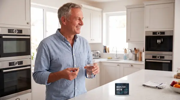 Smiling man in his kitchen with a glass of water and a tub of Booster Brew
