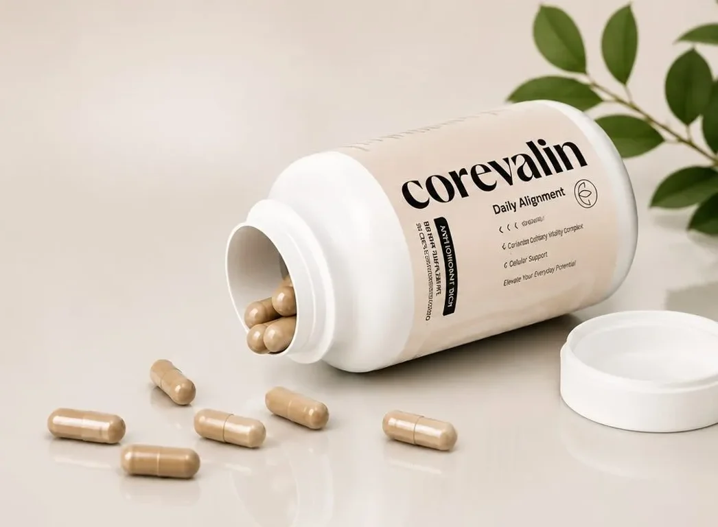 Close-up of Corevalin Daily Alignment supplement bottle showing spilled capsules and key ingredients list.