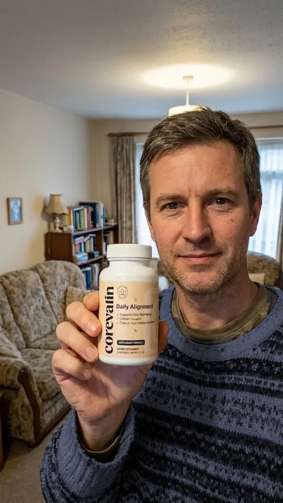 A smiling middle-aged man in a patterned sweater holds up a Corevalin Daily Alignment bottle in his living room.