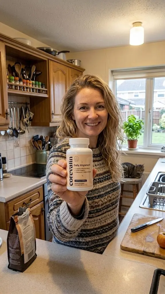 A cheerful woman with blonde curly hair holding a Corevalin Daily Alignment bottle in a domestic kitchen with a cat and coffee.