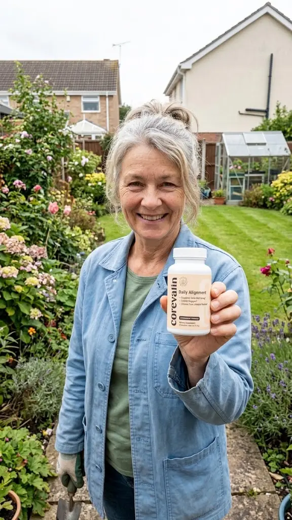 A smiling senior woman in a blue jacket holding a Corevalin Daily Alignment bottle in a beautiful garden.