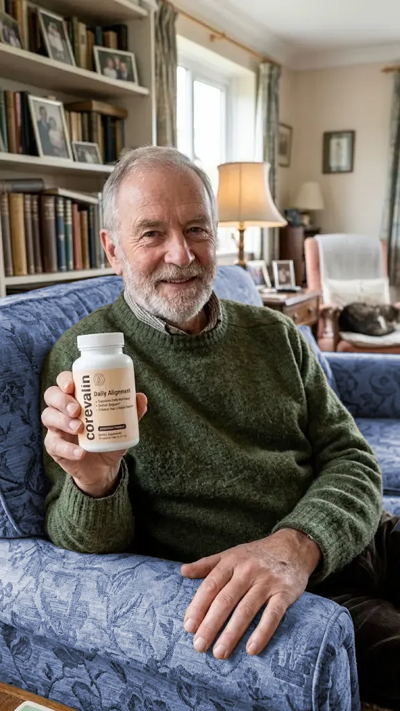 A friendly, bearded senior man in a green sweater holding Corevalin Daily Alignment capsules while sitting on a blue armchair.