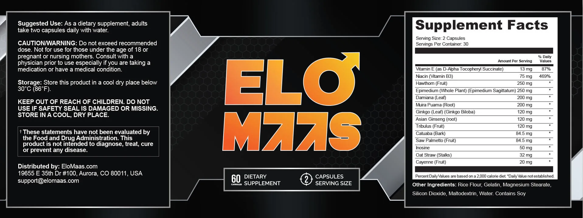 EloMaas label with the Supplement Facts panel: doses of the fourteen ingredients, suggested use and warnings