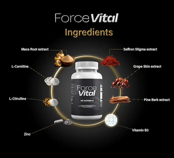 ForceVital ingredients: maca, L-carnitine, L-citrulline, zinc, saffron, grape skin, pine bark and vitamin B3