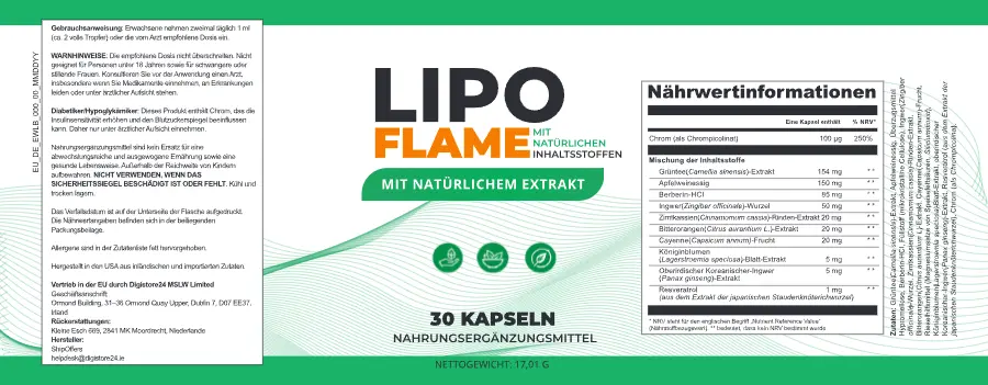 LipoFlame supplement label