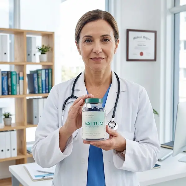 A doctor holding a Valtum bottle