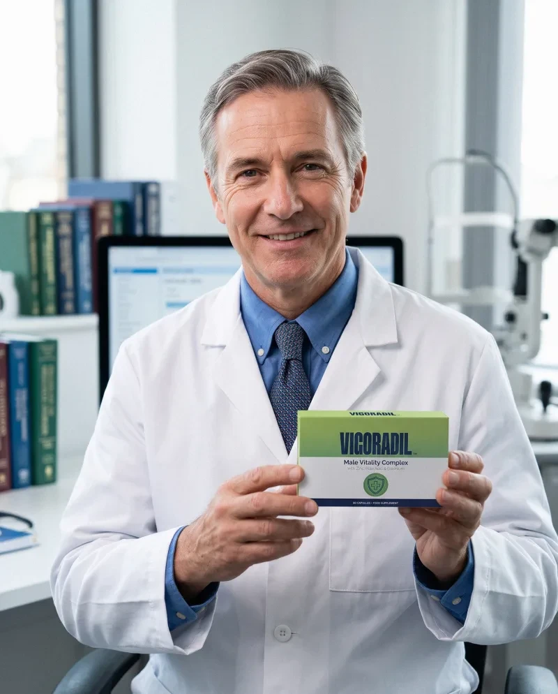 A doctor holding a box of Vigoradil