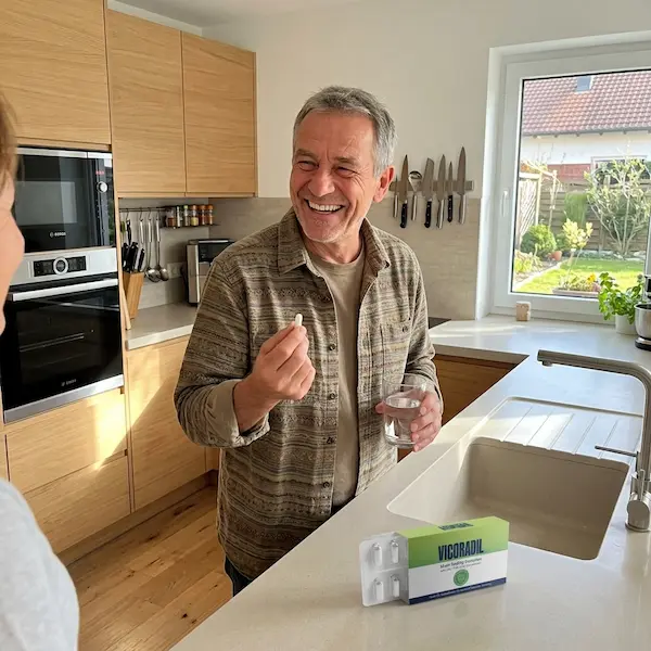 A smiling man in his kitchen holding a Vigoradil capsule