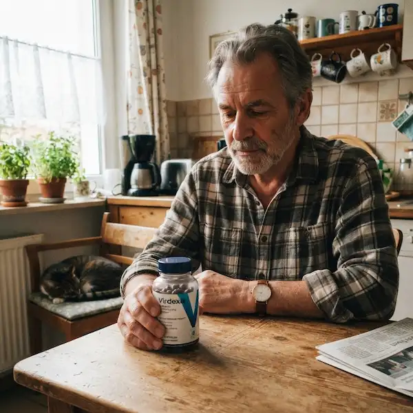 A 65-year-old man sitting in his cozy kitchen holding a bottle of Virdexis supplement. He looks thoughtfully at the product while a cat sleeps on a chair in the background and a newspaper lies on the table. Natural light shines through the window.